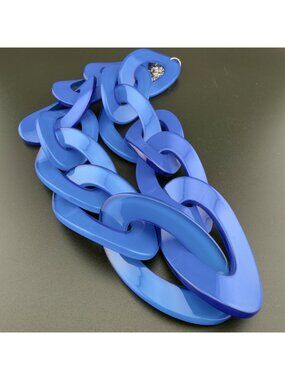 Mod Resin Links Statement Necklace Blue Silver Tone Retro 80s 90s